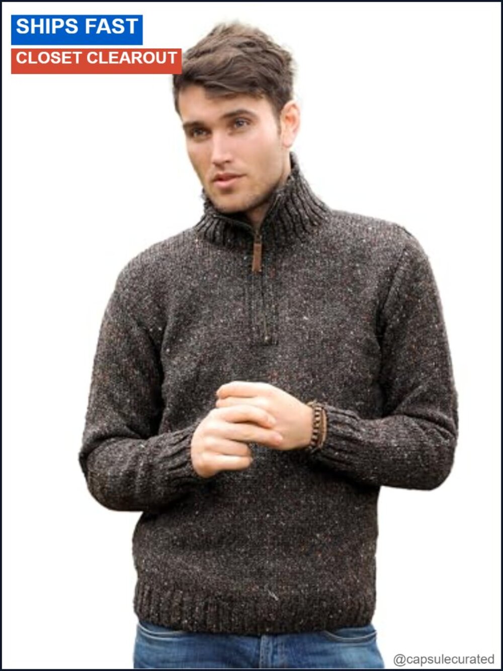 Merino Wool Half-Zip Pullover Sweater Irish Knit Long Sleeve Winter
